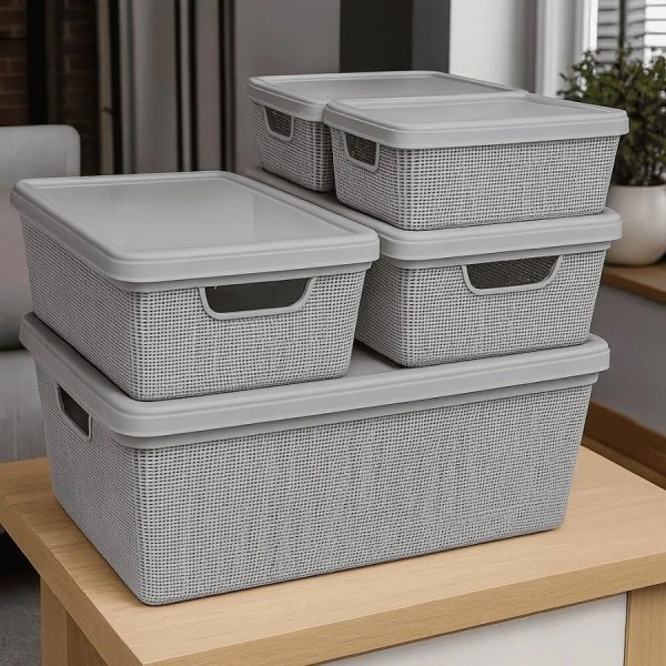 Caixa Organizadora com Tampa Kit 5 Peças Cesto Grande em Plástico 1,8 L 5 L 15 L - Rv-Ecommerce (Cinza)